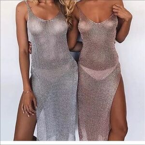 Gold silver black metallic crochet swim beach cover up bikini swimsuit dress OS